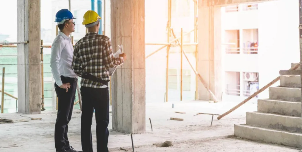 Contractor advertising ideas: two general contractors onsite wearing hard hats