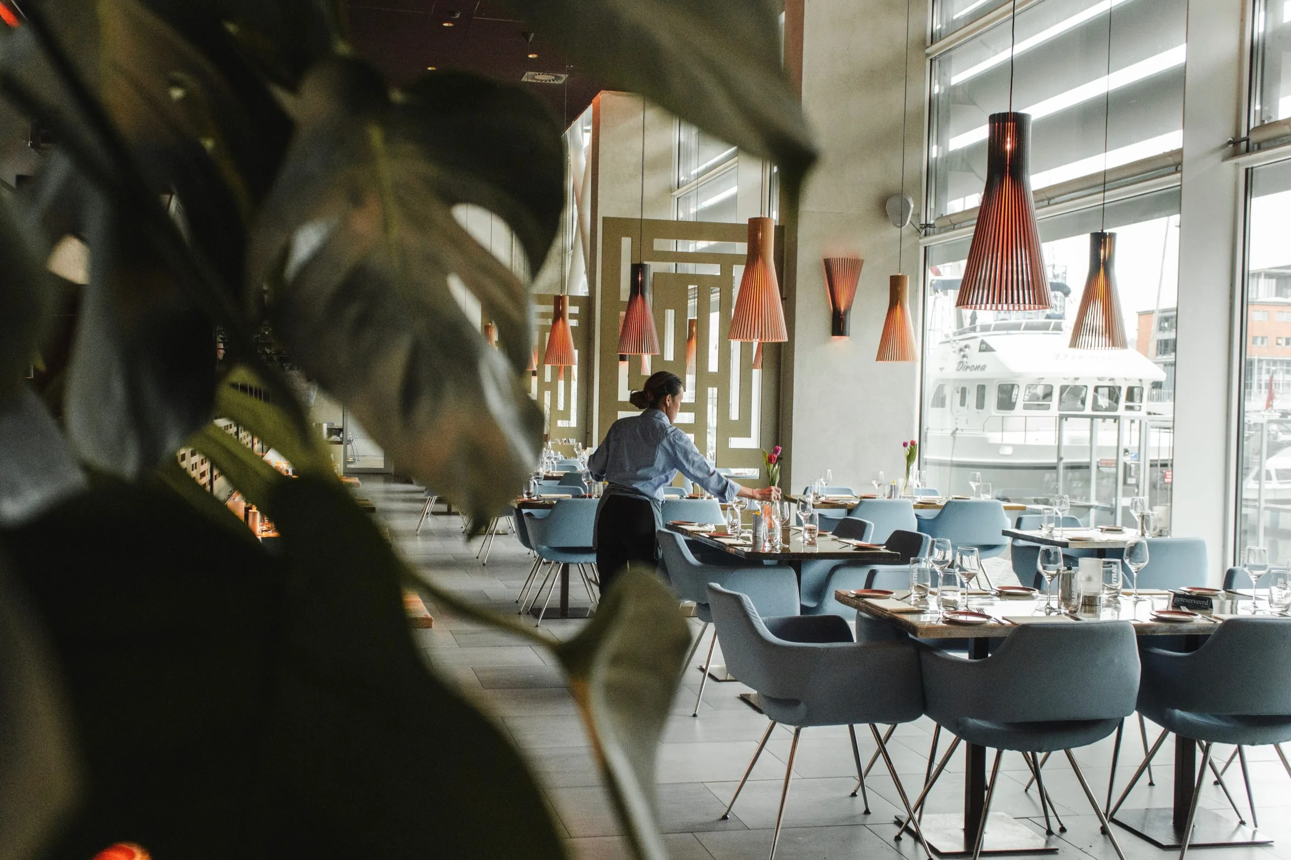 Restaurant interior with empty tables