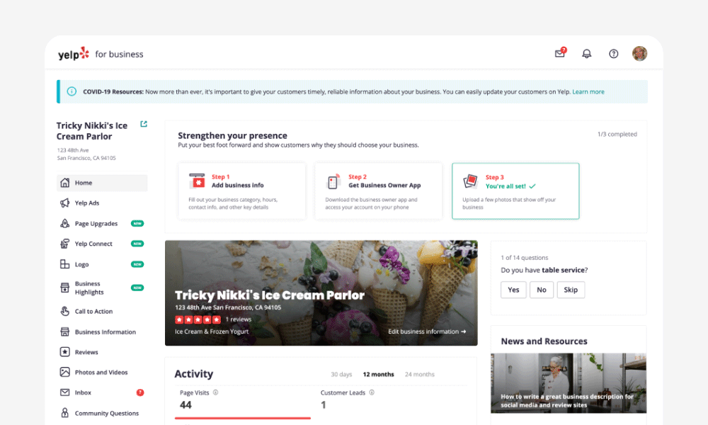 Yelp for Business home page