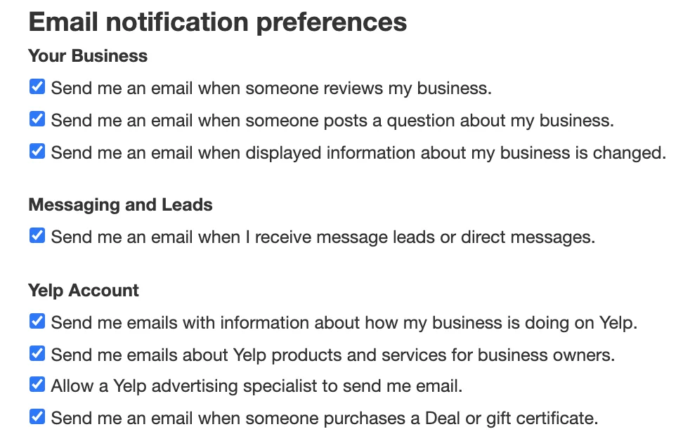 Yelp email notification options
