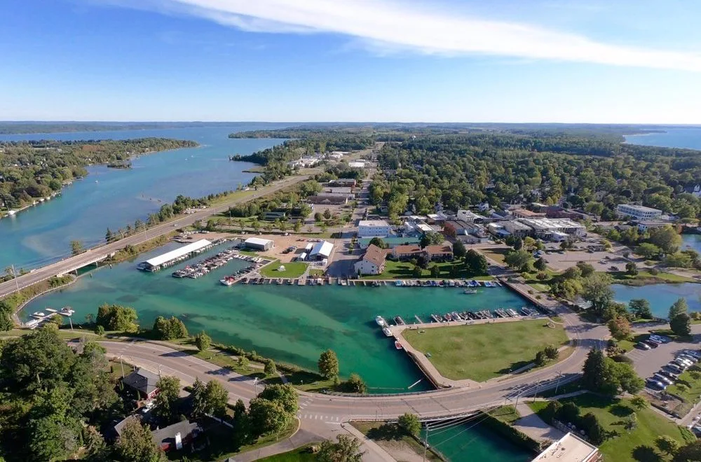 Aerial view of Elk Rapids Marina in Elk Rapids, Michigan