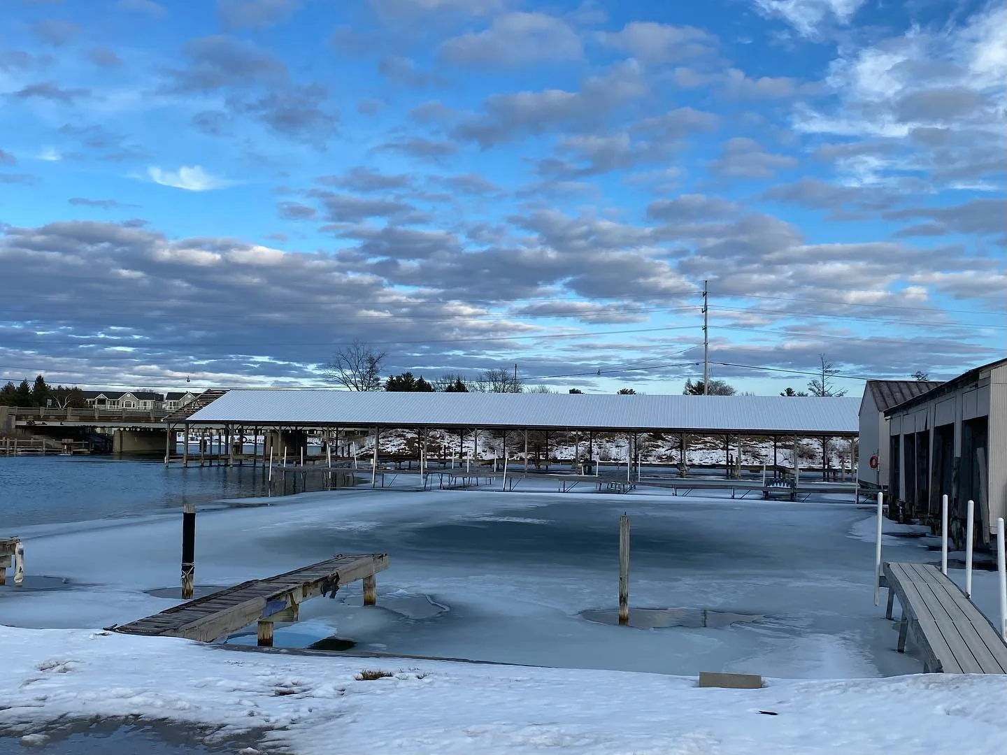 Marina docks covered in snow