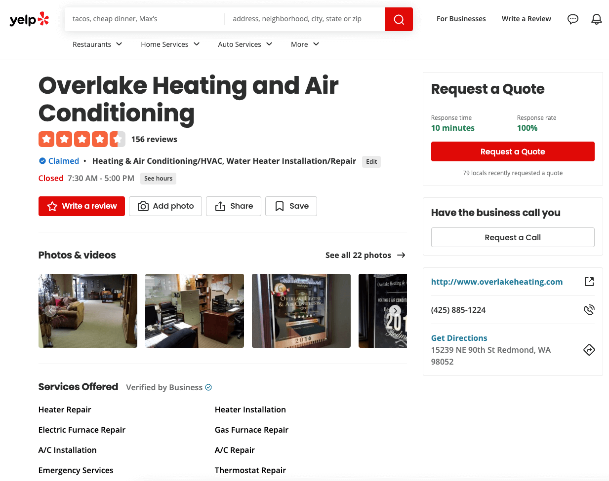 Example of a free Yelp Business Page