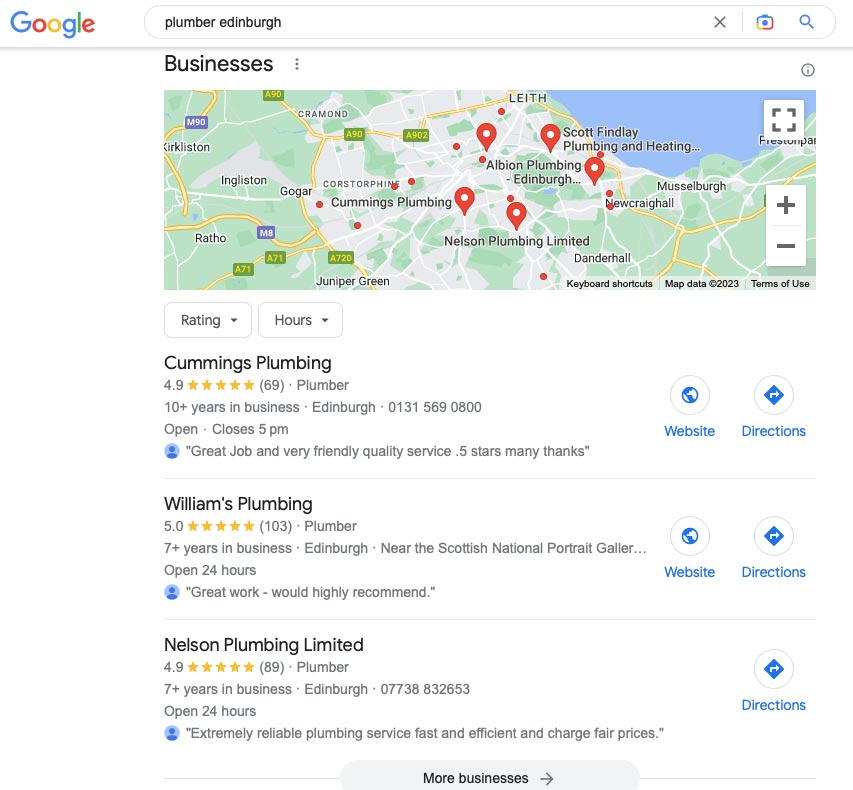 Google search result for plumber Edinburgh