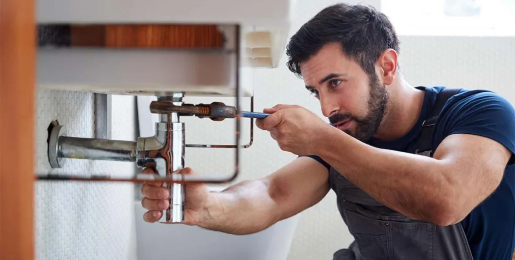 SEO for plumbers: a plumber fixing a leaking sink pipe