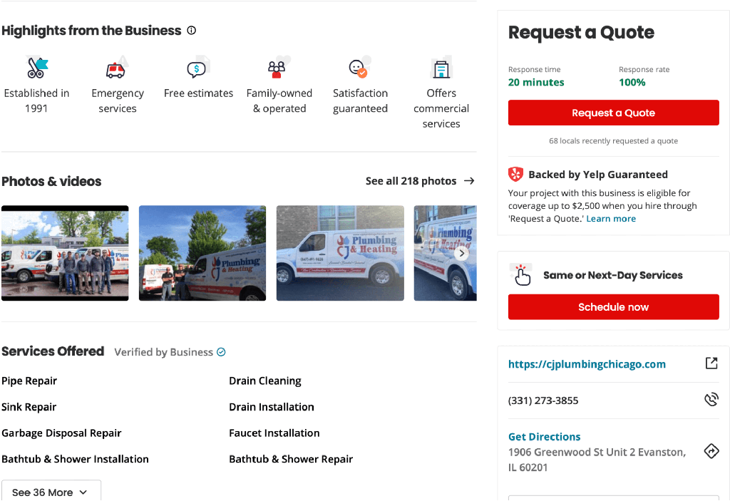 Yelp Business Page Highlights example