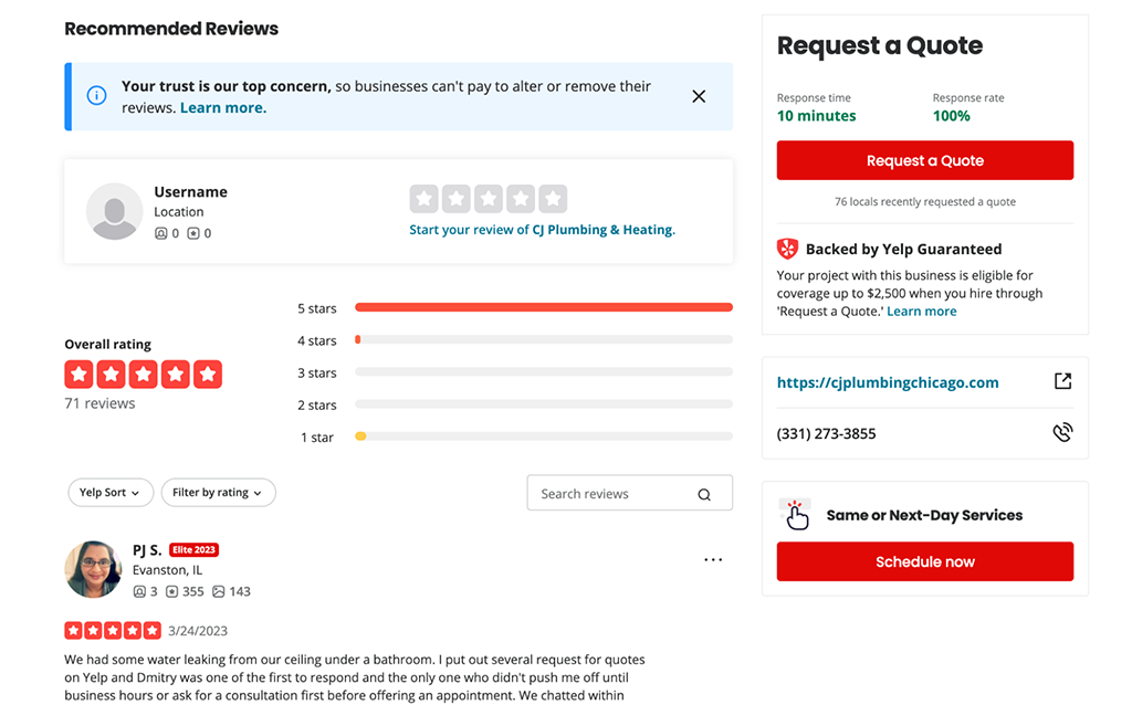 Yelp Business Page Recommended Reviews example