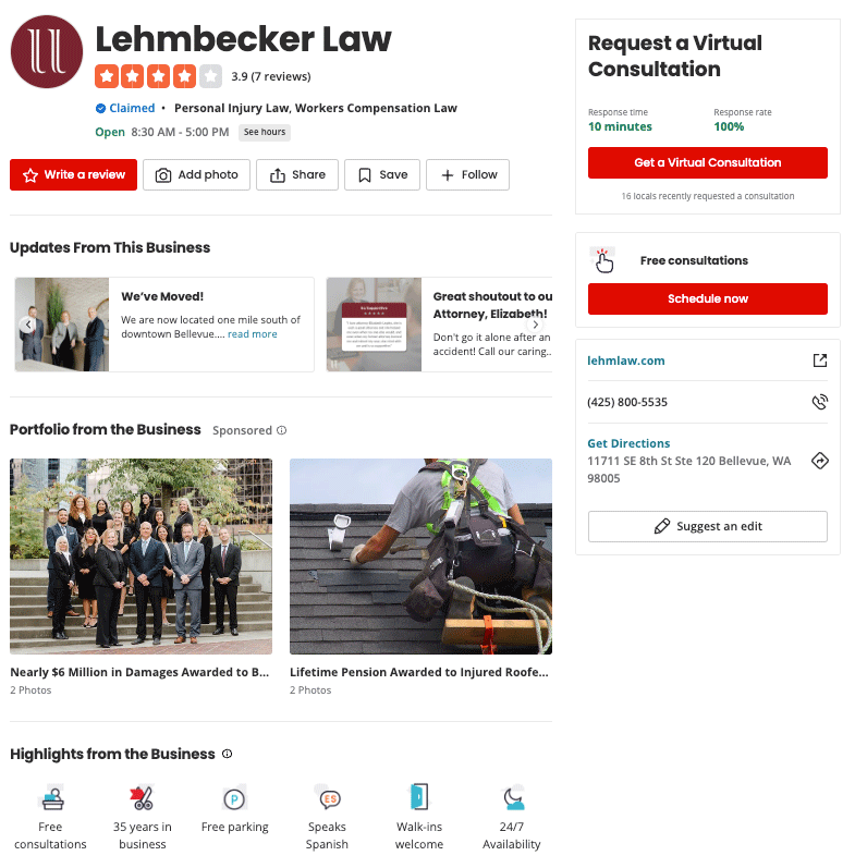 Example of a law firm using Yelp’s Upgrade Package