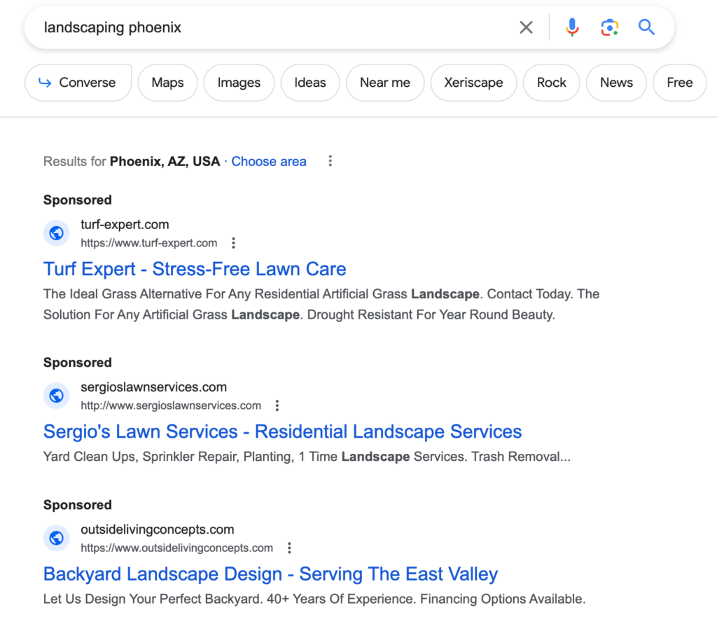 Google search for landscaping phoenix