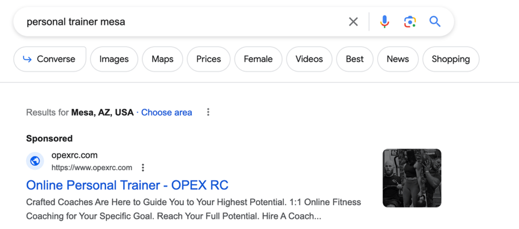 Google search for personal trainer mesa