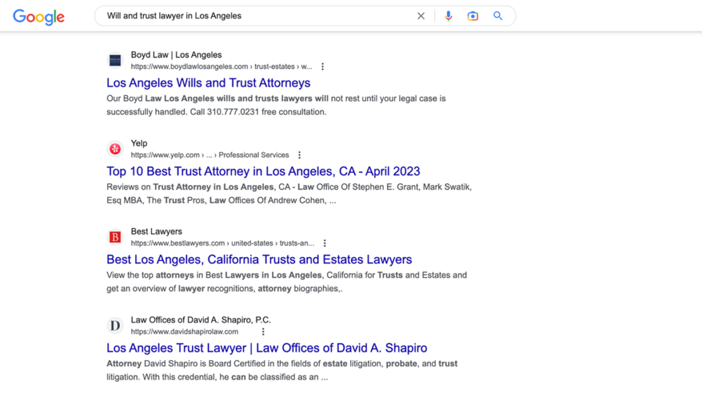 A google search of will and trust lawyer in Los Angeles
