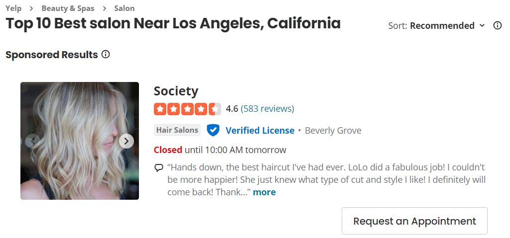 Yelp Ads Request an Appointment example
