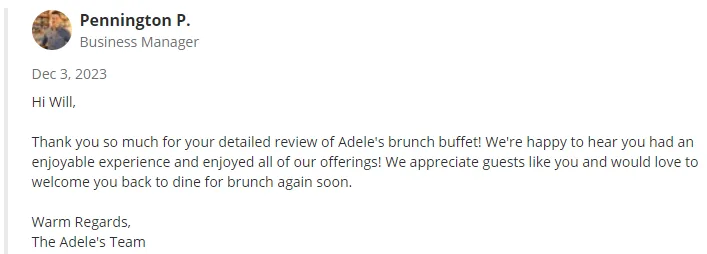 A business's response to a user's Yelp review