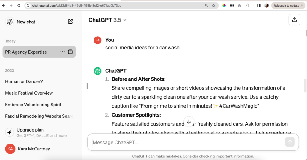 ChatGPT example for content ideas