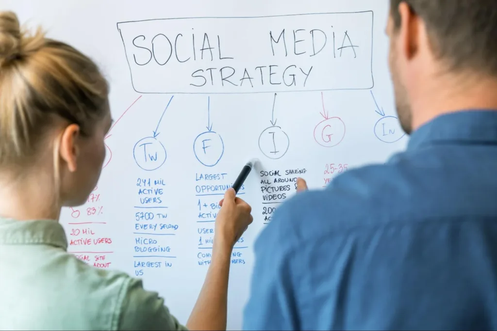 Whiteboard showing a social media strategy as two marketers discuss