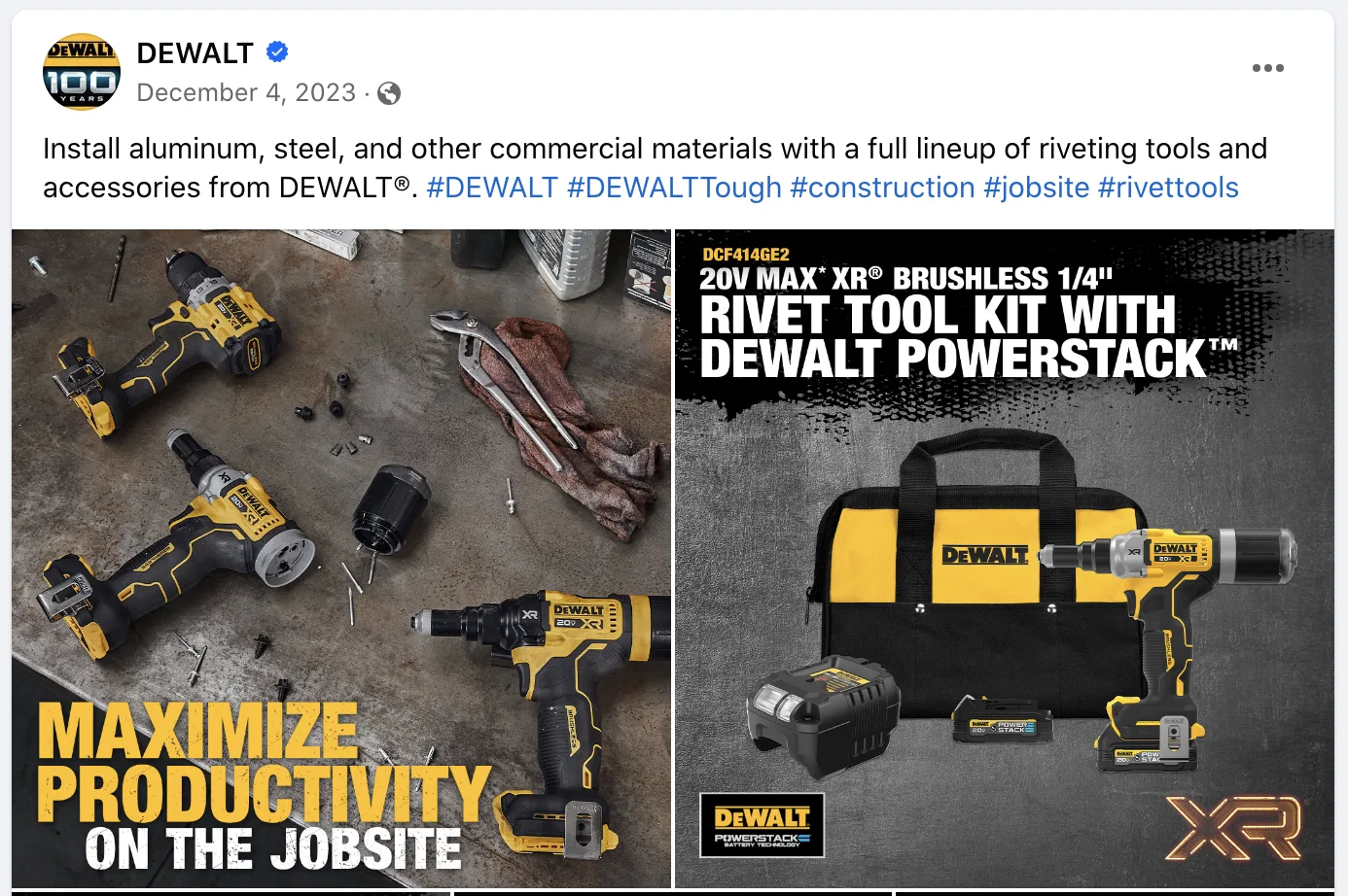 Facebook screenshot of Dewalt ad