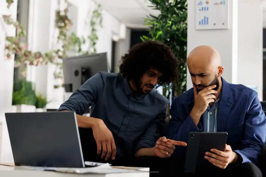 Two marketing professionals in discussion