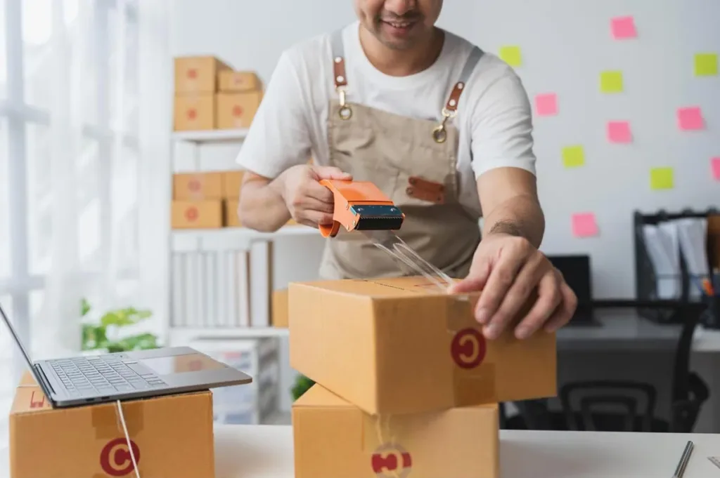 Small business owner arranging merchandise in cardboard packages