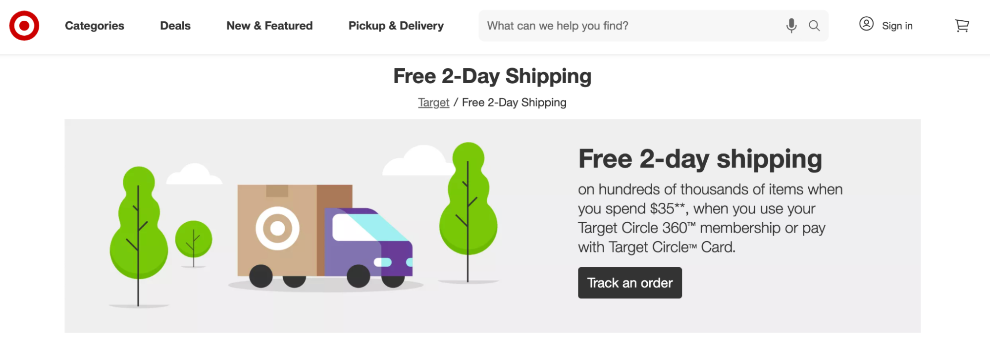 Screenshot of Target offering free two-day shipping on orders over $35 and free returns