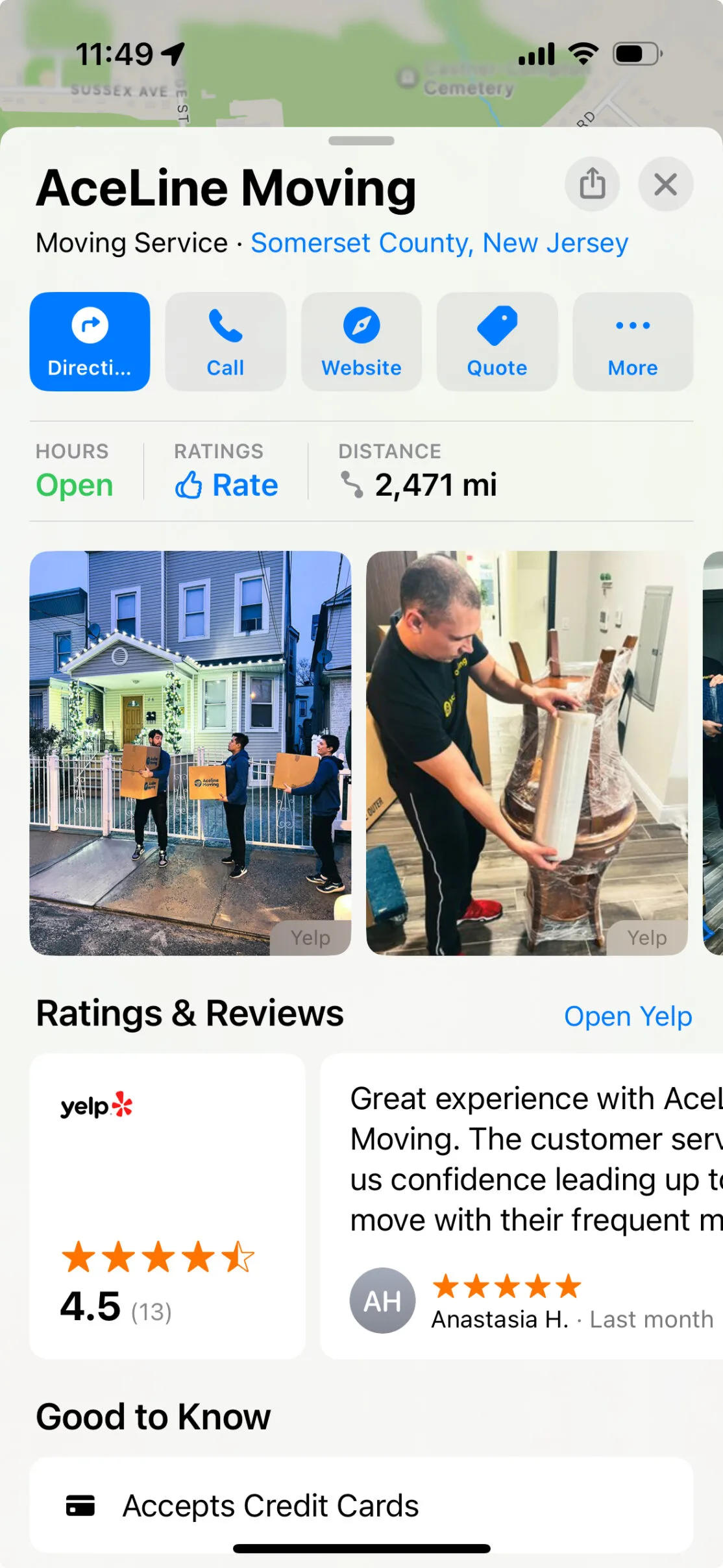 Mobile screenshot of business listing on Apple Maps with Yelp "Ratings & Reviews" section