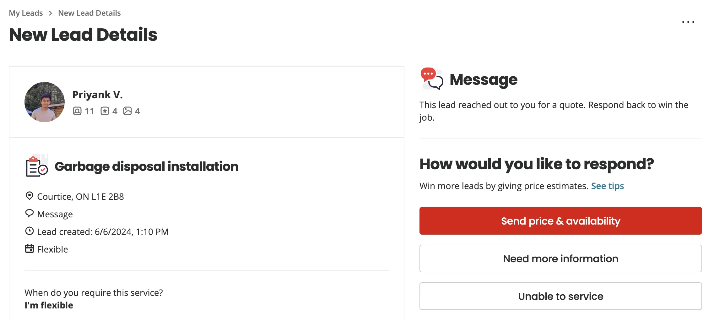 Business owner inbox with a new job request and project details using Request a Quote
