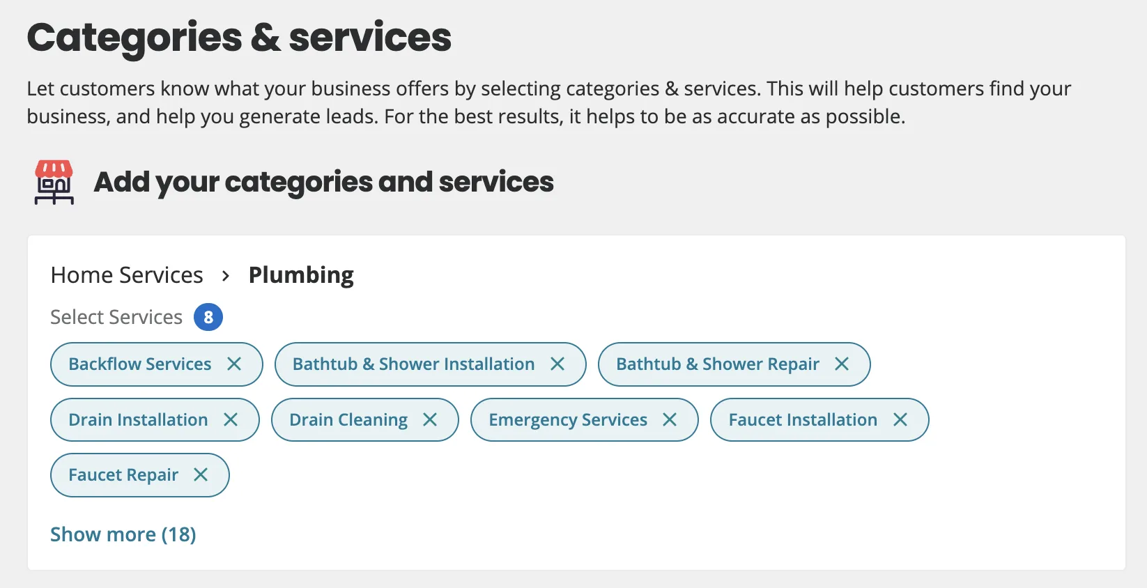 Example of categories and services interface on Yelp for Business