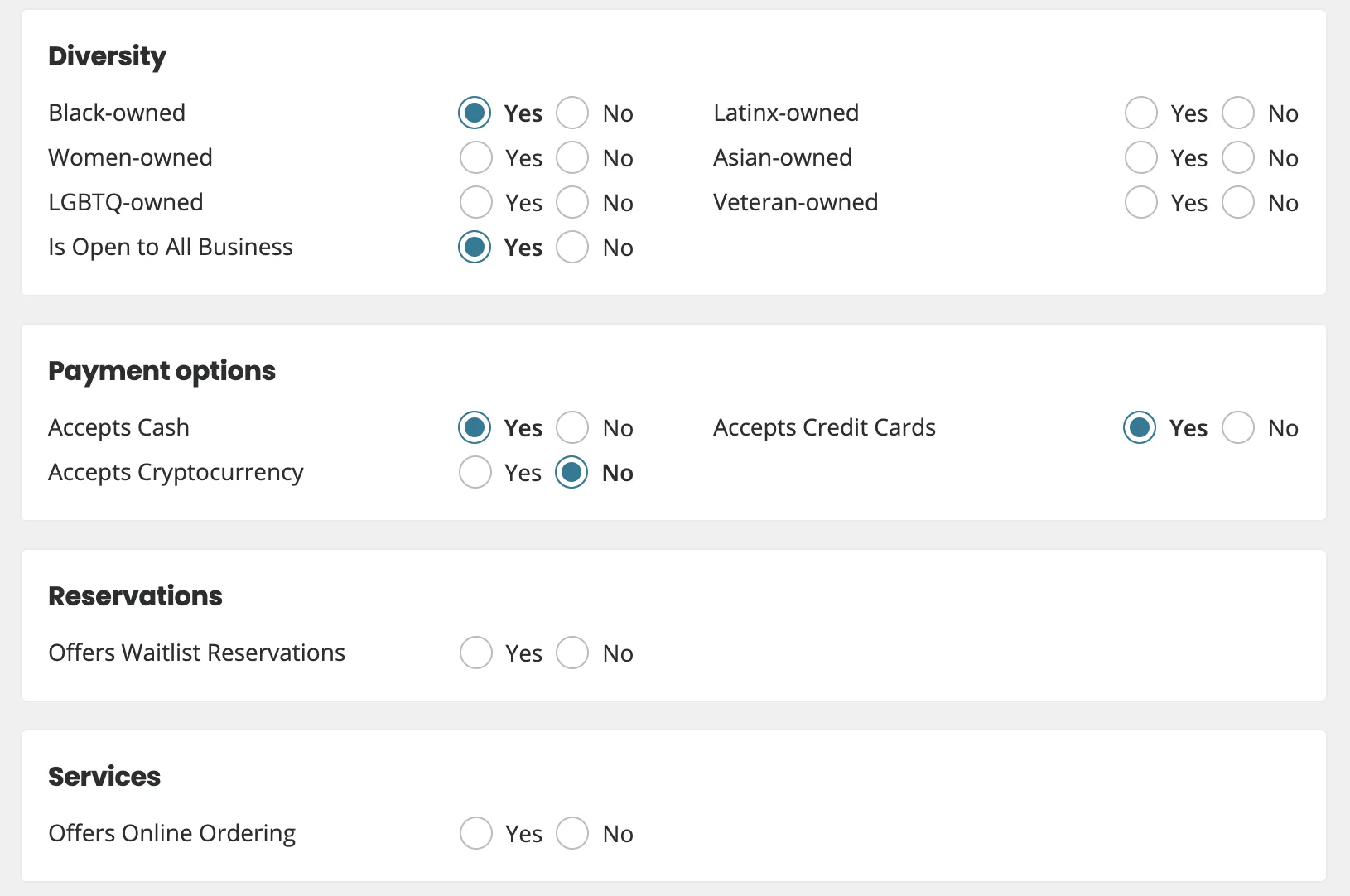 List of select Yelp amenties and attributes