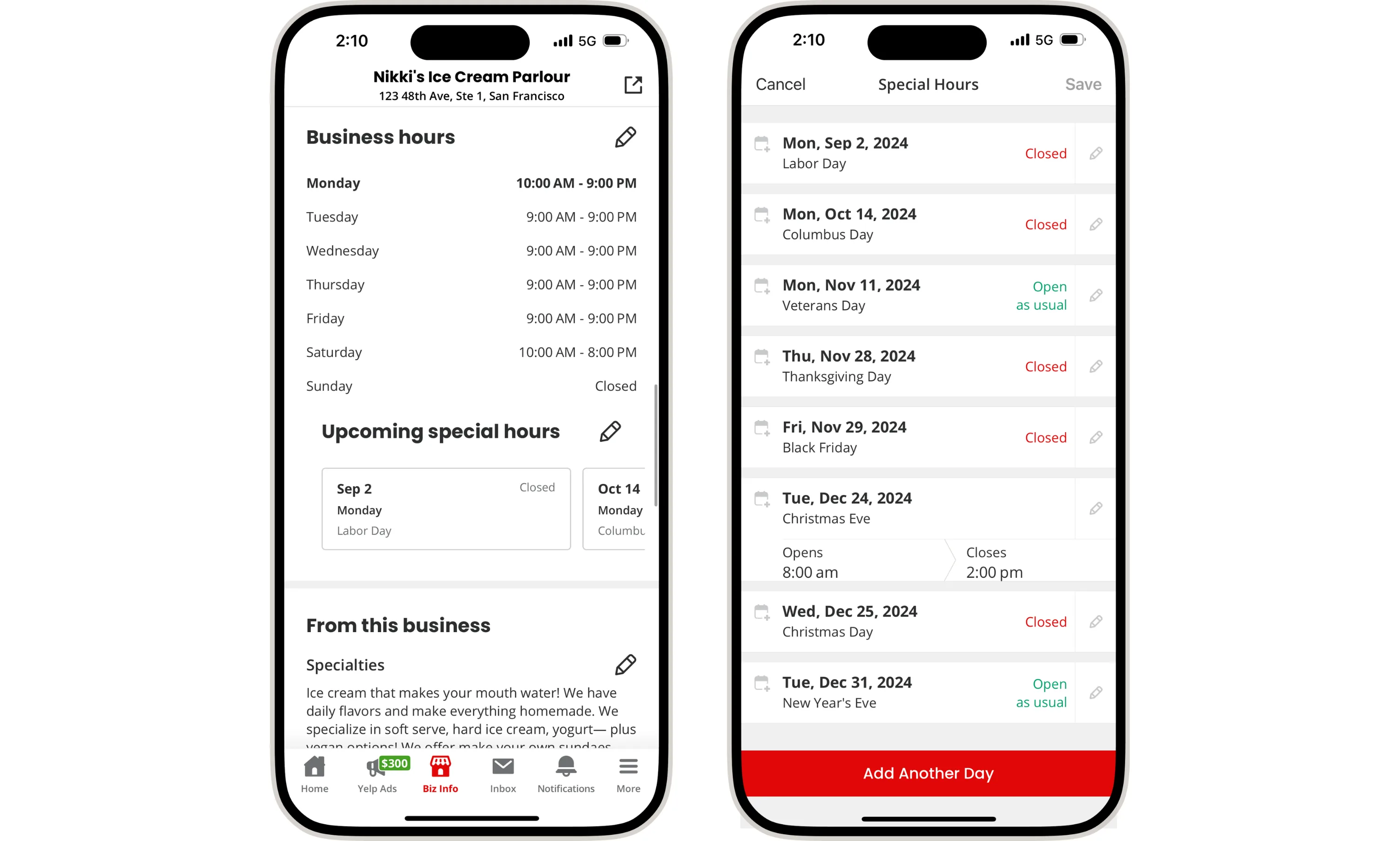 Phone screens displaying business hours and special hours within the Yelp for Business mobile app
