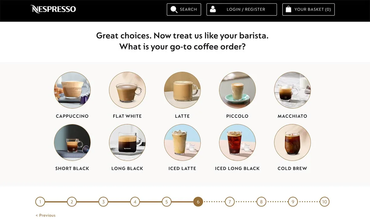 Screenshot of the Nespresso Coffee Profiler interactive quiz