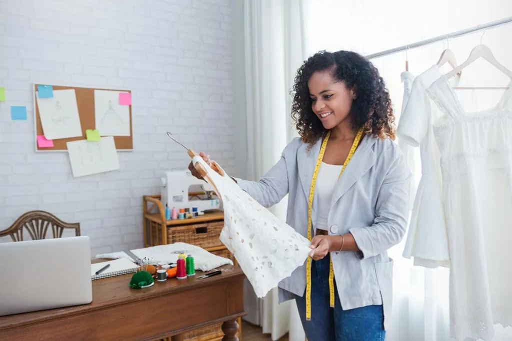 Boutique business owner arranging clothes in a store display