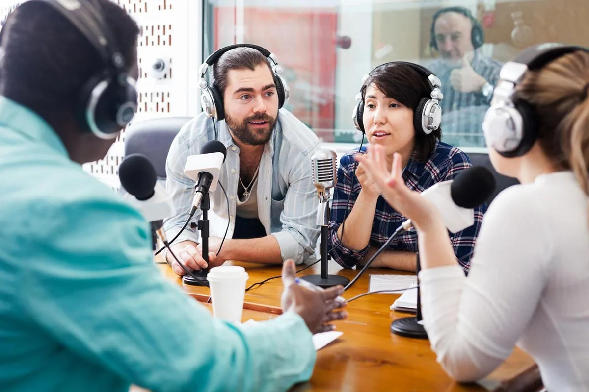 Group recording a podcast as a key element of a dynamic marketing approach