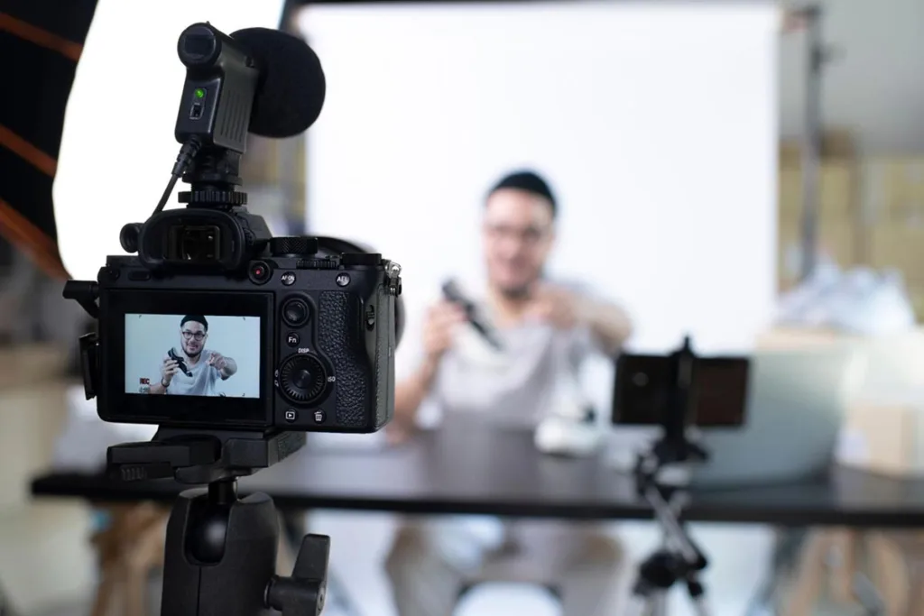 Small business owner filming engaging video content to promote business