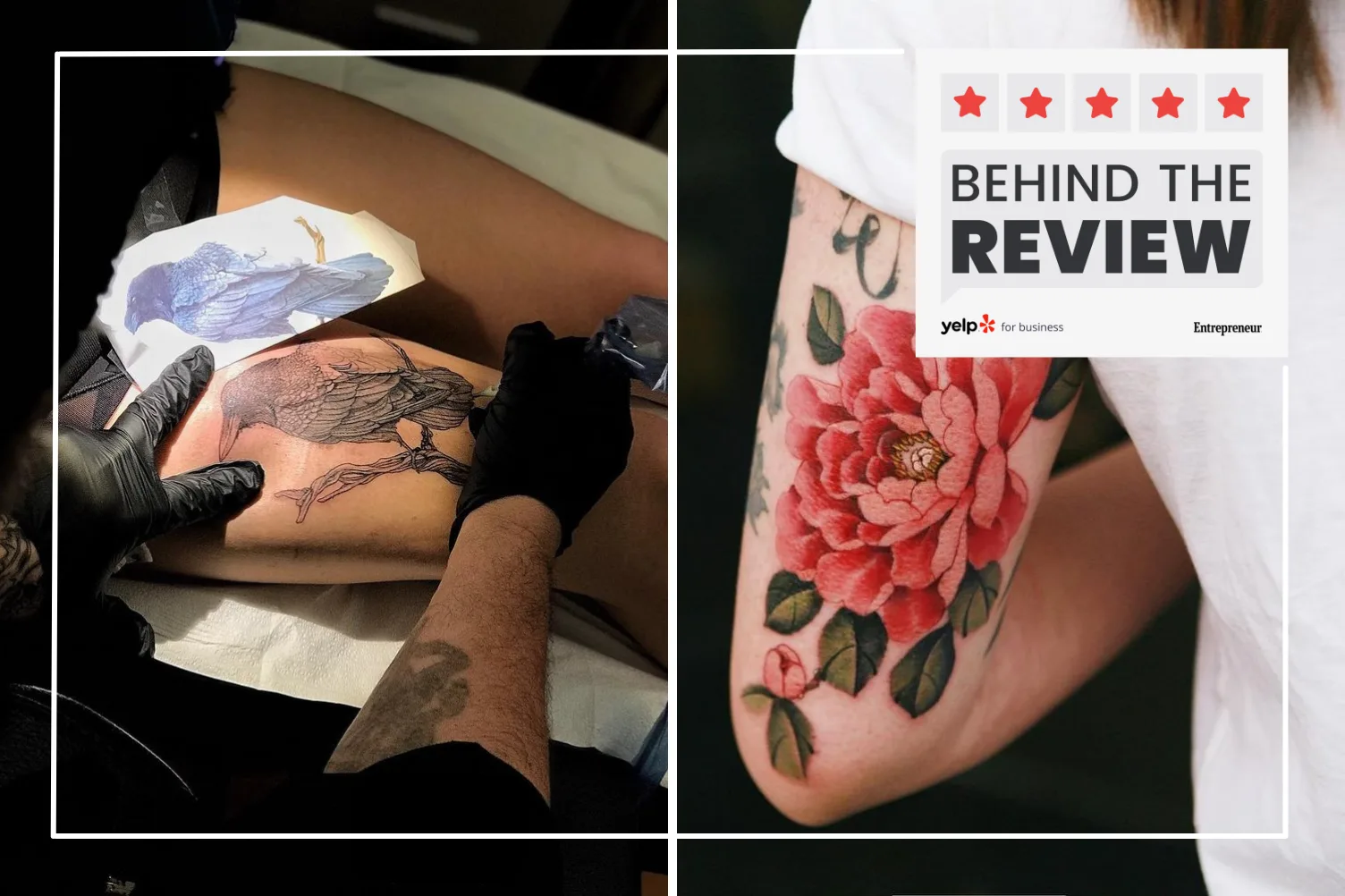 Photo of fine line and color floral tattoos by Brücius Zylander and other artists from Black Serum Tattoo on Yelp, with the Behind the Review logo superimposed