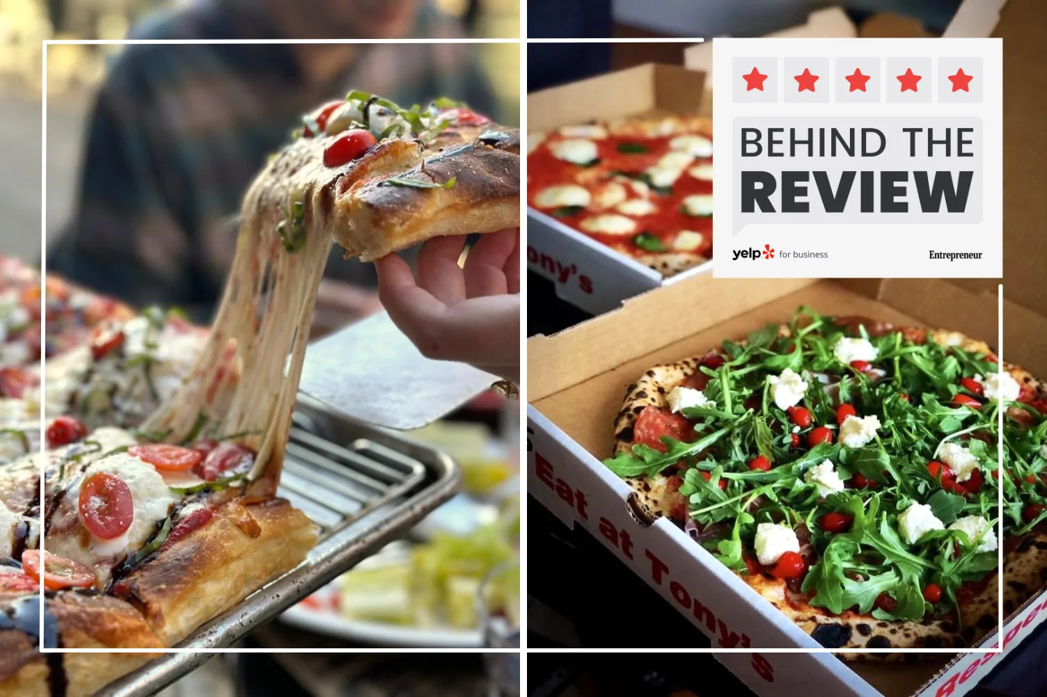 Photos of a pizza cheese pull and takeout pies from Casey S. and Tony’s Pizza Napoletana on Yelp