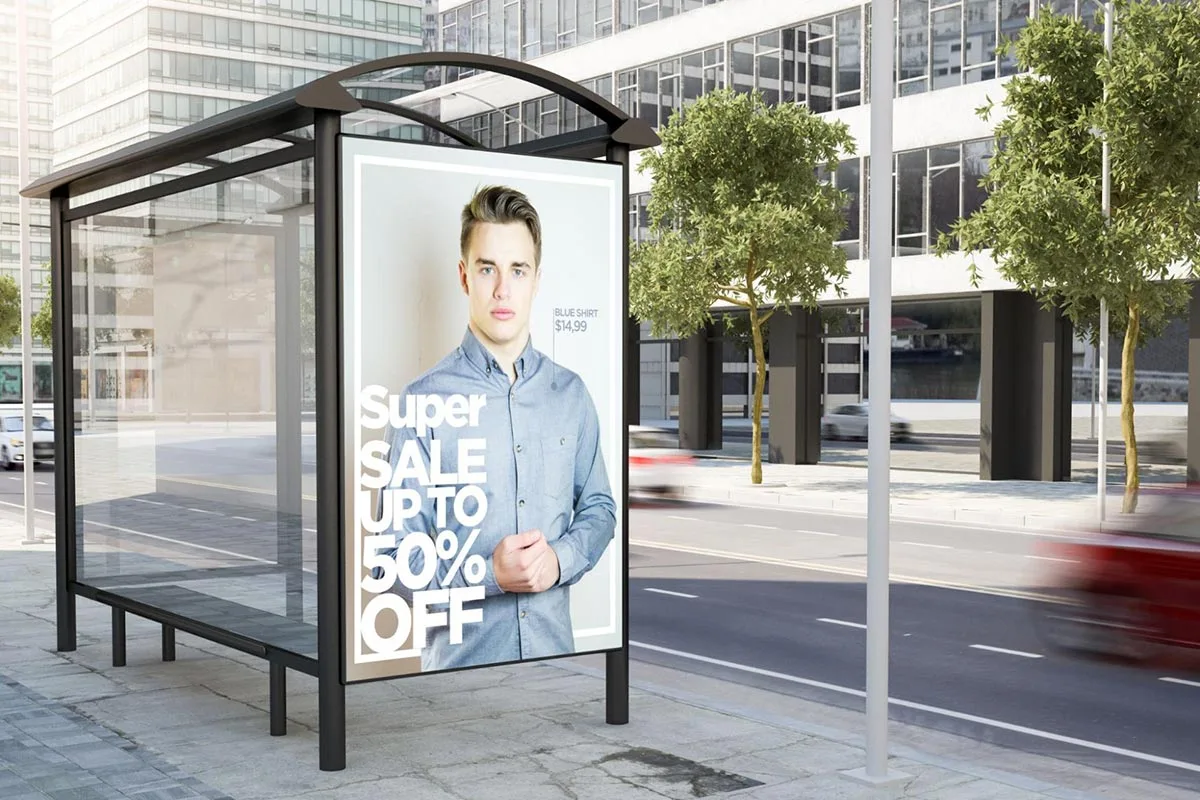 Bus shelter poster showcasing a clothing brand – an example of effective offline advertising for boosting local visibility and brand awareness.