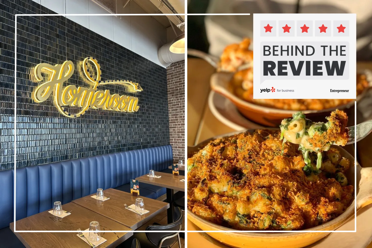 Photo of the inside of Homeroom in Oakland from Andrea C. and photo of Homeroom mac and cheese dishes from Tracey N. on Yelp