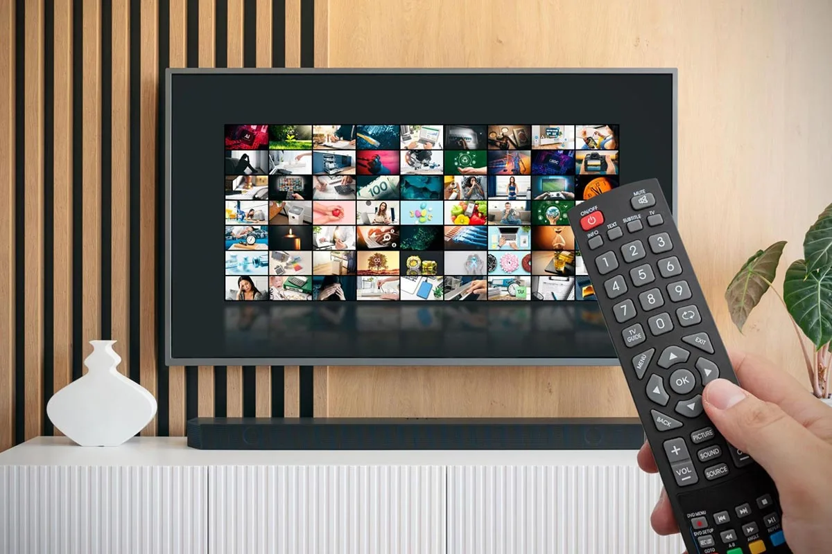 A tv remote pointing at a television displaying an image gallery