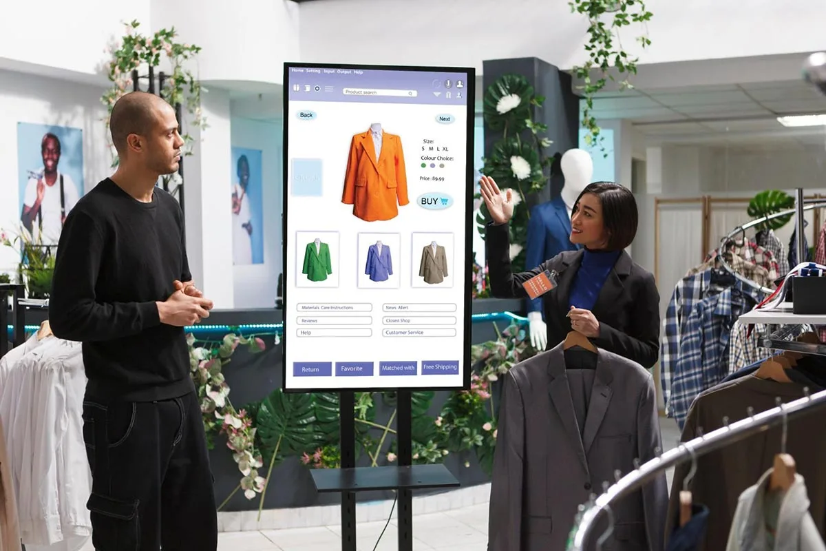 A salesperson showing a customer how to use an in-store digital display