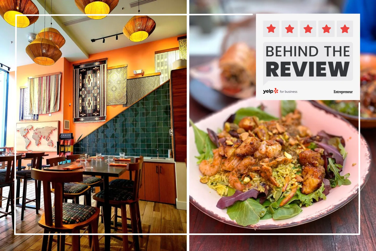 Photo of Immigrant Food's interior with decorative rugs and a map on the wall from Yelp user Alain Serge Y., alongside a photo of gumbo from Yelp user Meghan L.