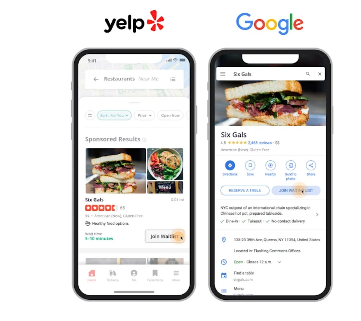 Google and Yelp's mobile view of Six Gals' restaurant