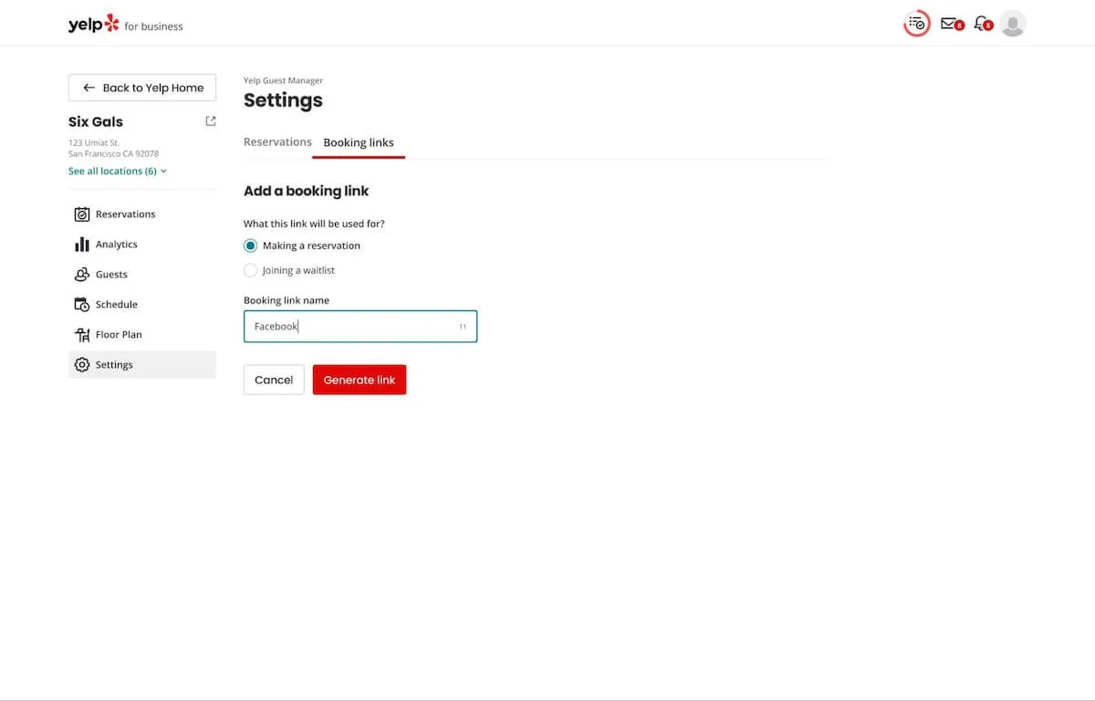 Yelp Booking Links settings page