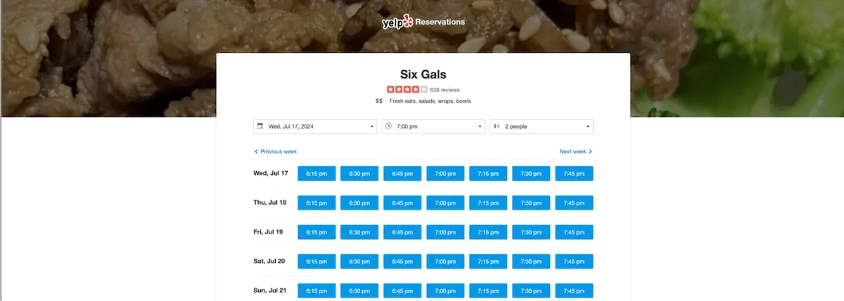 Yelp reservations page with available times