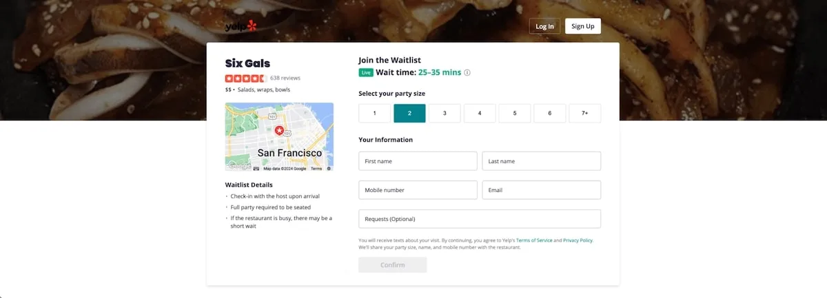 How to use Booking Links to attract more diners: Guest view of restaurant waitlist page