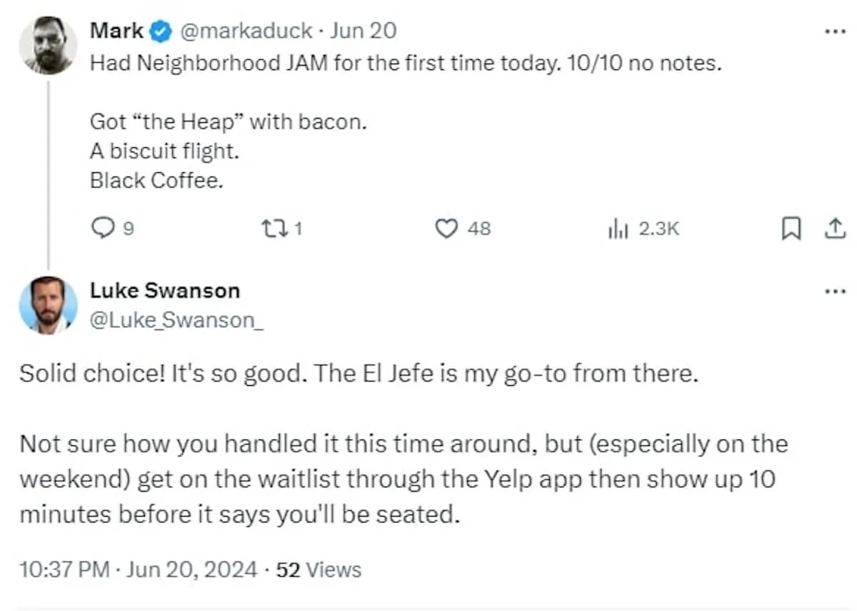 Restaurant waitlist app: screenshot of Mark and Luke's comments online