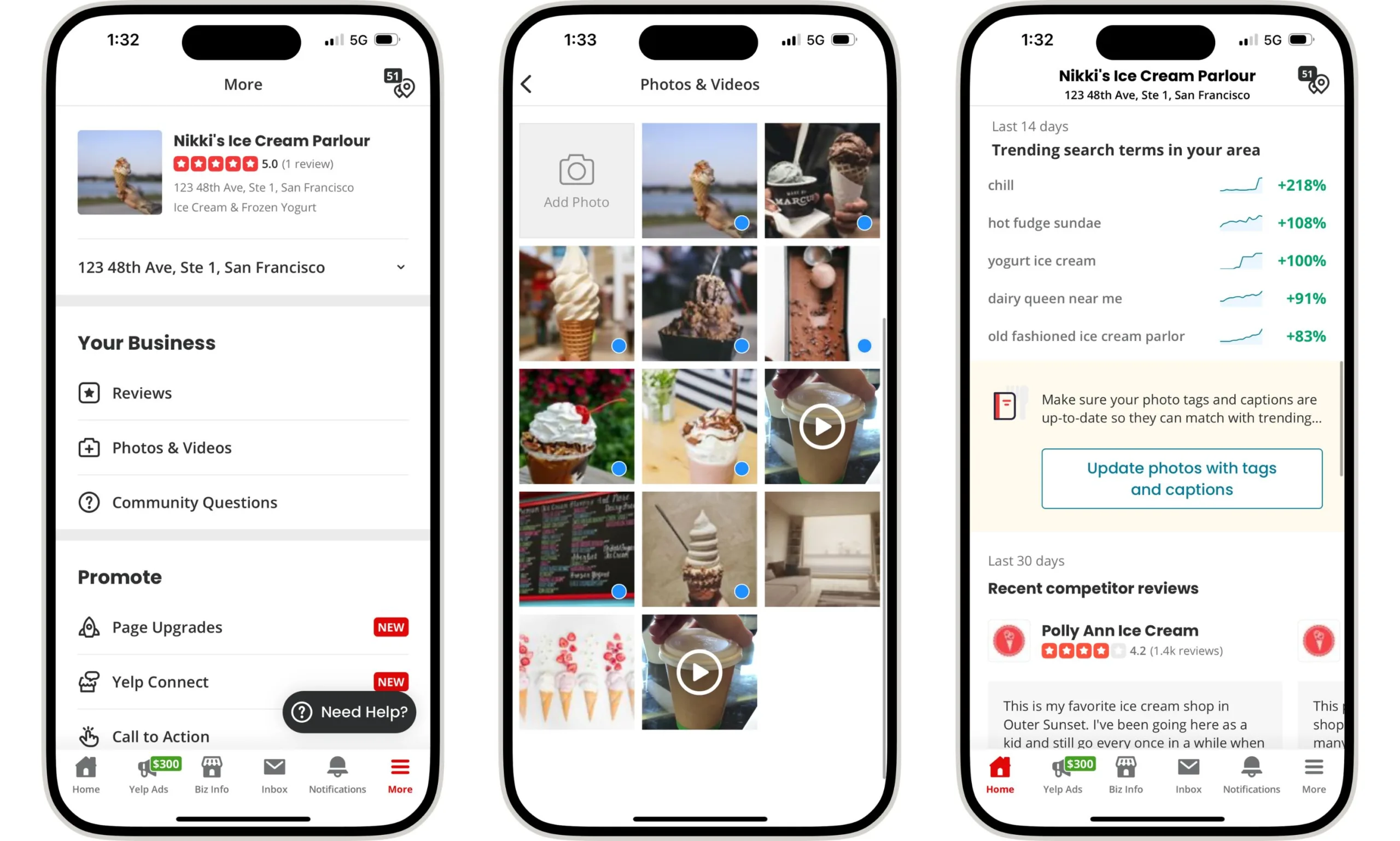Phone images of the Yelp for Business mobile app