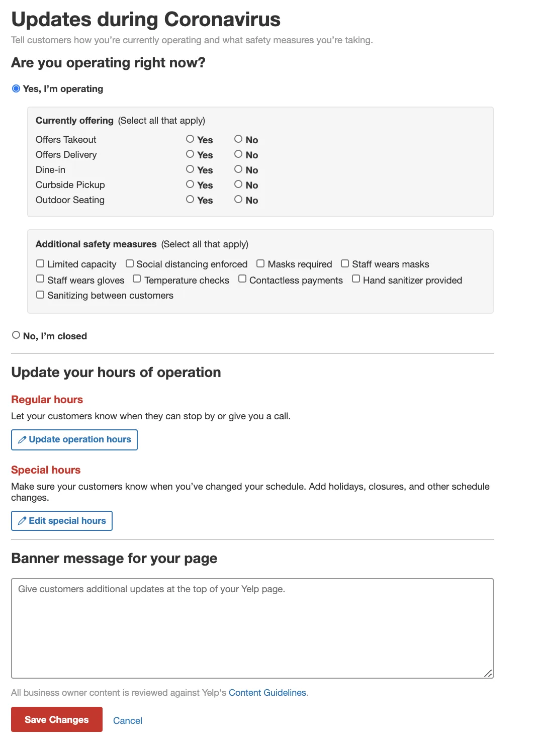 Coronavirus Yelp Business Page updates