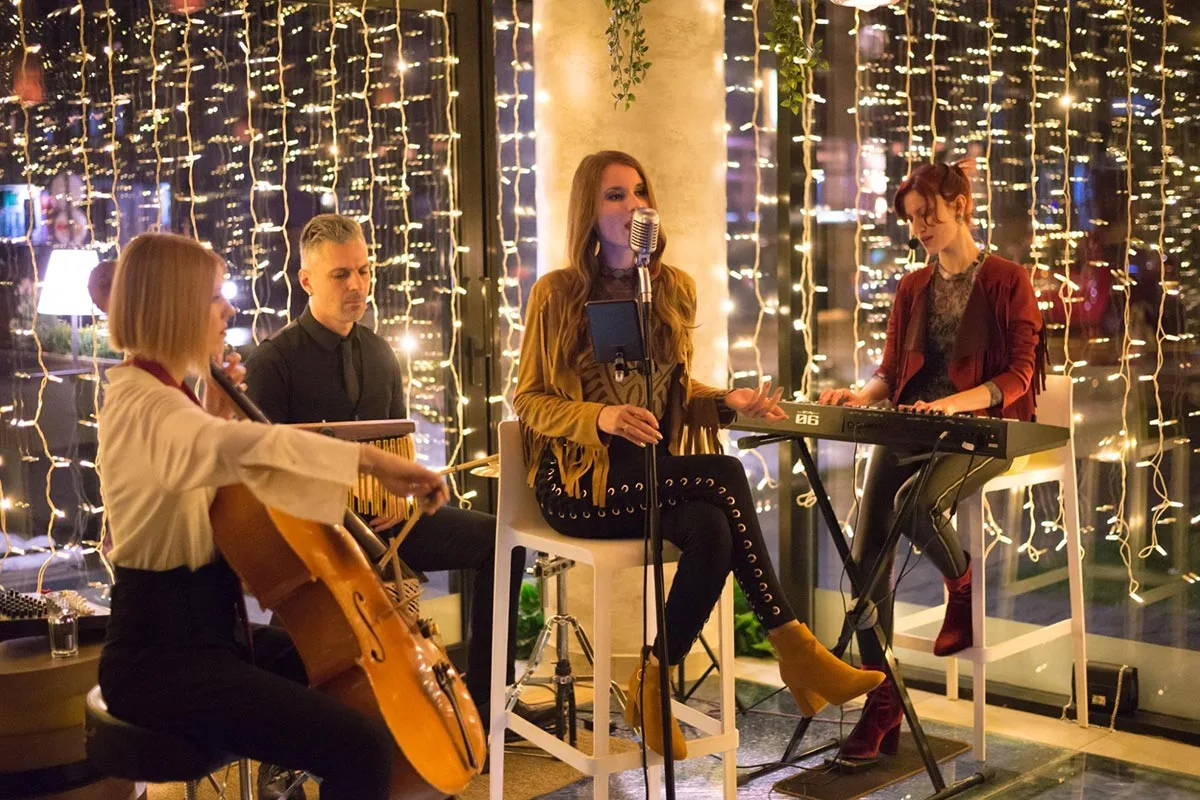 Band performing live music at a restaurant.