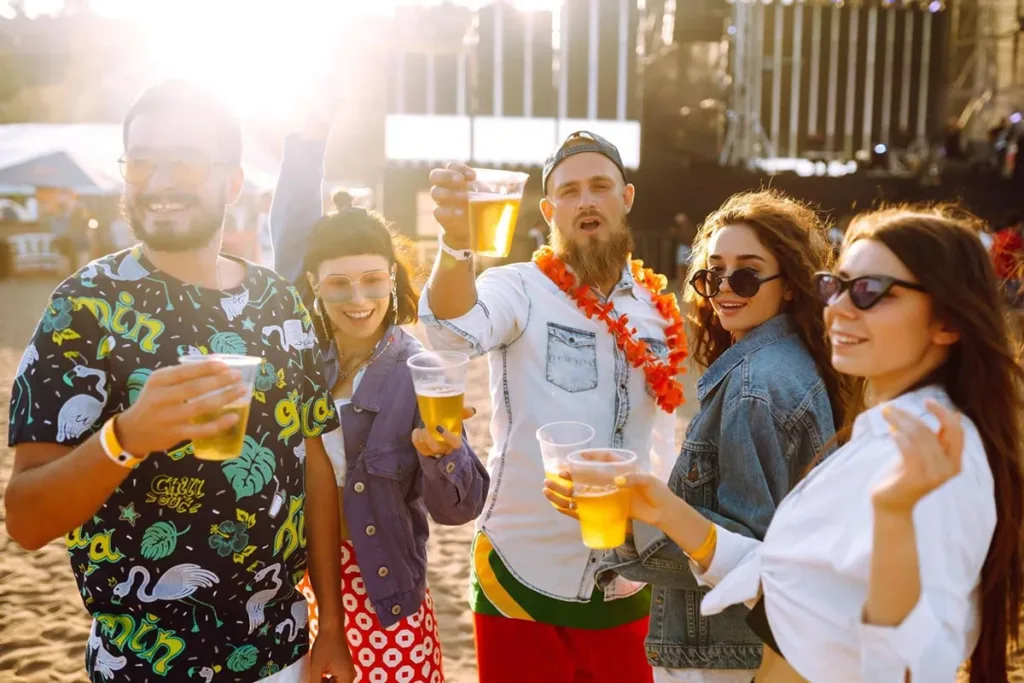 A group of friends enjoying drinks together outdoors during a summer day.