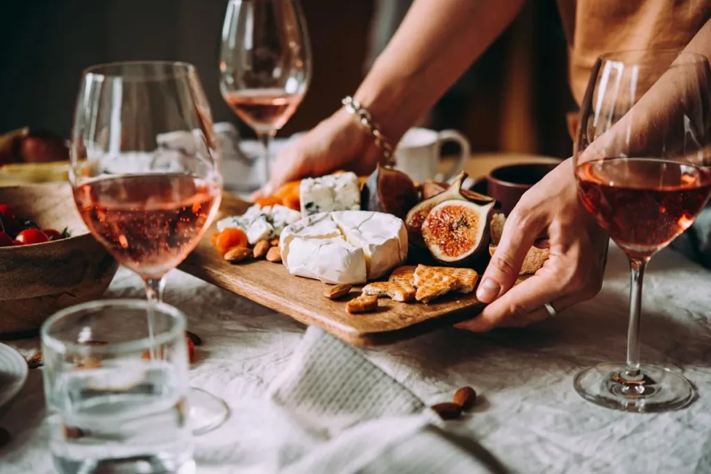 Restaurant server presenting a cheese board on a dining table.