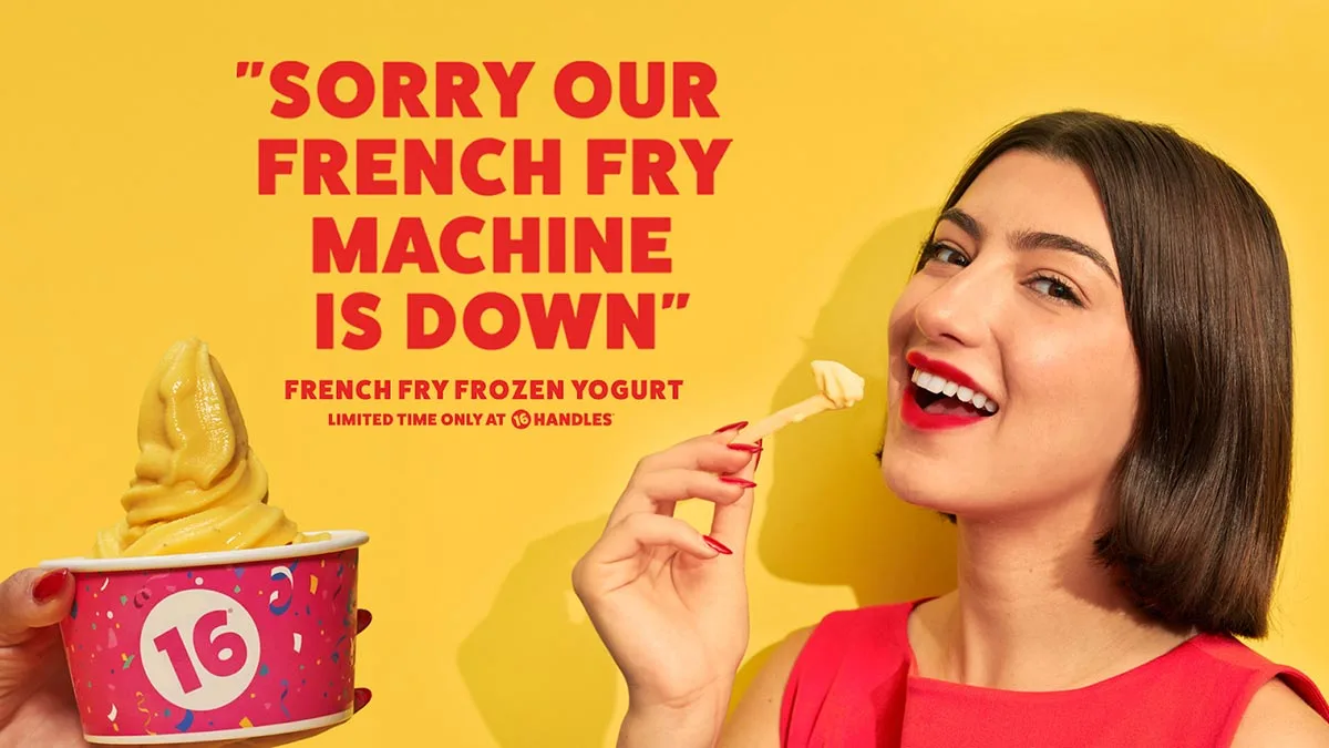 Photo of a woman sampling 16 Handles' limited edition french fry flavor, with text that reads: "Sorry our french fry machine is down."